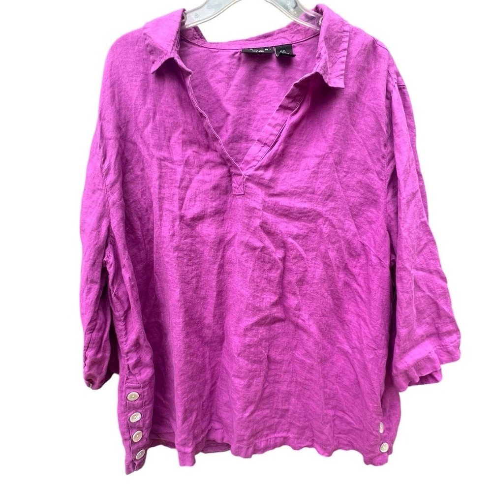 Tahari 100% Linen Blouse Womens 2X Orchid Fuchsia Popover 3/4 Sleeve Top